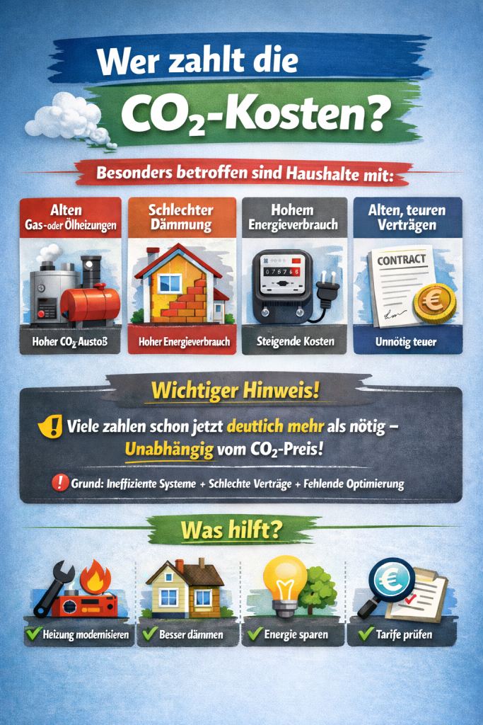 Infografik auf Deutsch mit der Überschrift „Wer zahlt die CO₂-Kosten?“. Darunter ein Abschnitt „Besonders betroffen sind Haushalte mit:“ und vier Kacheln: alte Gas- oder Ölheizungen (hoher CO₂-Ausstoß), schlechter Dämmung (hoher Energieverbrauch), hohem Energieverbrauch (steigende Kosten) und alten, teuren Verträgen (unnötig teuer).
Im unteren Bereich ein hervorgehobener Hinweis: Viele zahlen schon jetzt deutlich mehr als nötig – unabhängig vom CO₂-Preis, mit Begründung (ineffiziente Systeme, schlechte Verträge, fehlende Optimierung).
Ganz unten ein Abschnitt „Was hilft?“ mit Symbolen für Maßnahmen: Heizung modernisieren, besser dämmen, Energie sparen und Tarife prüfen.