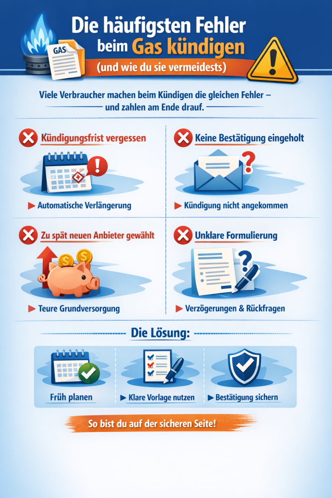 Infografik mit dem Titel „Die häufigsten Fehler beim Gas kündigen (und wie du sie vermeidest)“. Oben ein blauer Header mit Gasflammen-Icon und Warnsymbol. Darunter der Hinweis, dass viele Verbraucher beim Kündigen Fehler machen und am Ende draufzahlen.
Vier häufige Fehler sind in zwei Spalten dargestellt, jeweils mit rotem X und Illustration:
„Kündigungsfrist vergessen“ – führt zu automatischer Vertragsverlängerung (Kalender-Icon).
„Keine Bestätigung eingeholt“ – Risiko, dass die Kündigung angeblich nicht ankommt (Briefumschlag mit Fragezeichen).
„Zu spät neuen Anbieter gewählt“ – Folge: teure Grundversorgung (Sparschwein mit steigenden Kosten).
„Unklare Formulierung“ – führt zu Verzögerungen und Rückfragen (Dokument mit Stift und Fragezeichen).
Unten ein Lösungsbereich mit drei Symbolen:
„Früh planen“, „Klare Vorlage nutzen“, „Bestätigung sichern“. Abschließend der Satz: „So bist du auf der sicheren Seite!“