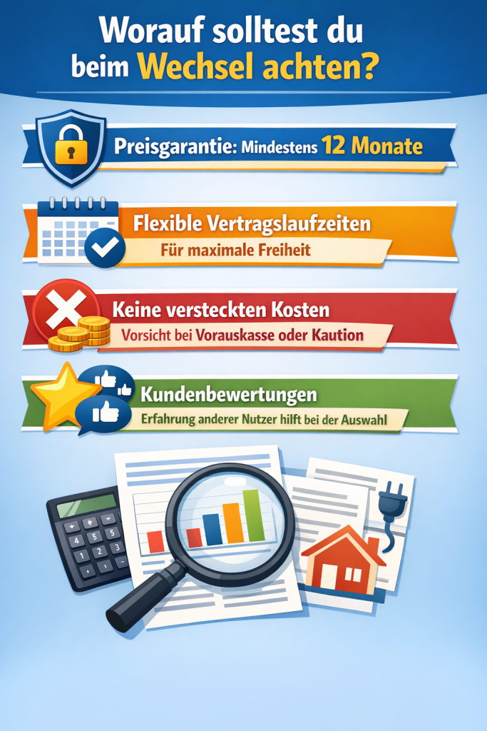Infografik 'Worauf solltest du beim Wechsel achten?' mit vier Tipps: 1) Preisgarantie mindestens 12 Monate, symbolisiert durch ein Schloss 🔒, 2) Flexible Vertragslaufzeiten für maximale Freiheit, dargestellt mit einem Kalender 📆, 3) Keine versteckten Kosten – Vorsicht bei Vorauskasse oder Kaution, symbolisiert durch ein rotes X ❌, 4) Kundenbewertungen – Erfahrung anderer Nutzer hilft bei der Auswahl, dargestellt mit einem Stern und Like-Symbolen ⭐. Am unteren Rand Symbole für einen Taschenrechner, Diagramm unter Lupe und Haus mit Stecker. Klare, farbige Abschnitte, moderne Gestaltung.