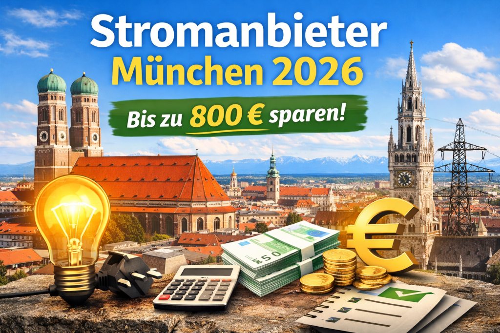 Beitragsbild zum Thema Stromanbieter München 2026 mit Münchner Skyline, inklusive Frauenkirche und Neues Rathaus, kombiniert mit Symbolen für Strompreis, Geld und Ersparnis von bis zu 800 Euro durch Stromvergleich in München.