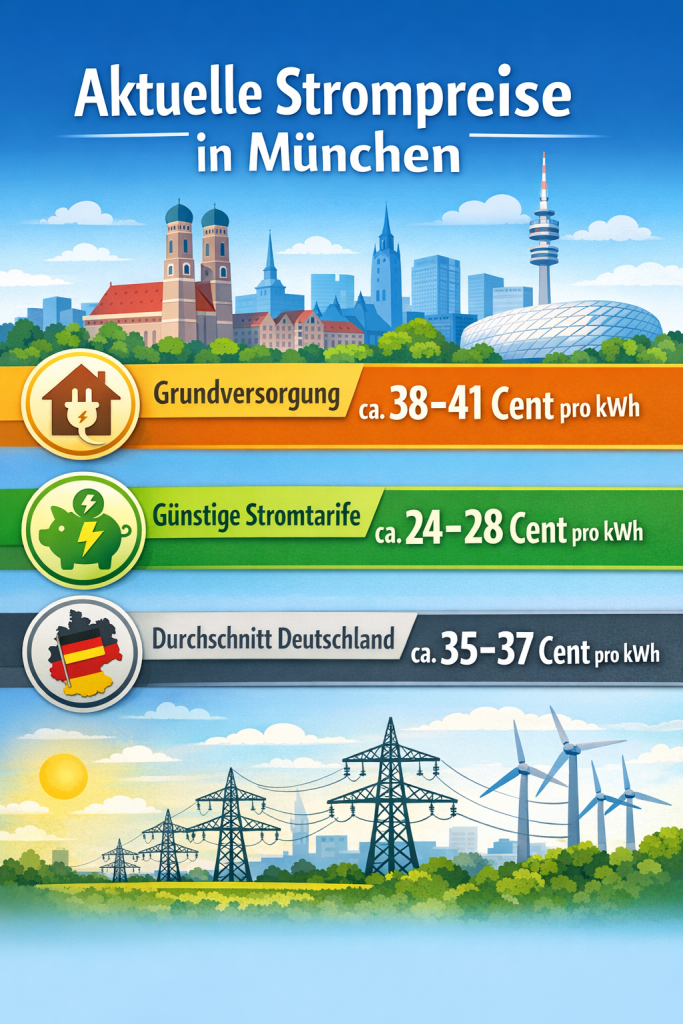 Infografik mit dem Titel „Aktuelle Strompreise in München“. Im Hintergrund ist eine stilisierte Skyline von München mit bekannten Gebäuden und einem Fernsehturm zu sehen.
Drei farbige Balken zeigen Strompreise:
„Grundversorgung“ in Orange: ca. 38–41 Cent pro kWh, mit einem Haus-Icon
„Günstige Stromtarife“ in Grün: ca. 24–28 Cent pro kWh, mit einem Sparschwein-Icon
„Durchschnitt Deutschland“ in Grau: ca. 35–37 Cent pro kWh, mit einer Deutschlandkarte und Flagge
Im unteren Bereich sind Strommasten und Windräder vor einer Landschaft mit Sonne dargestellt.